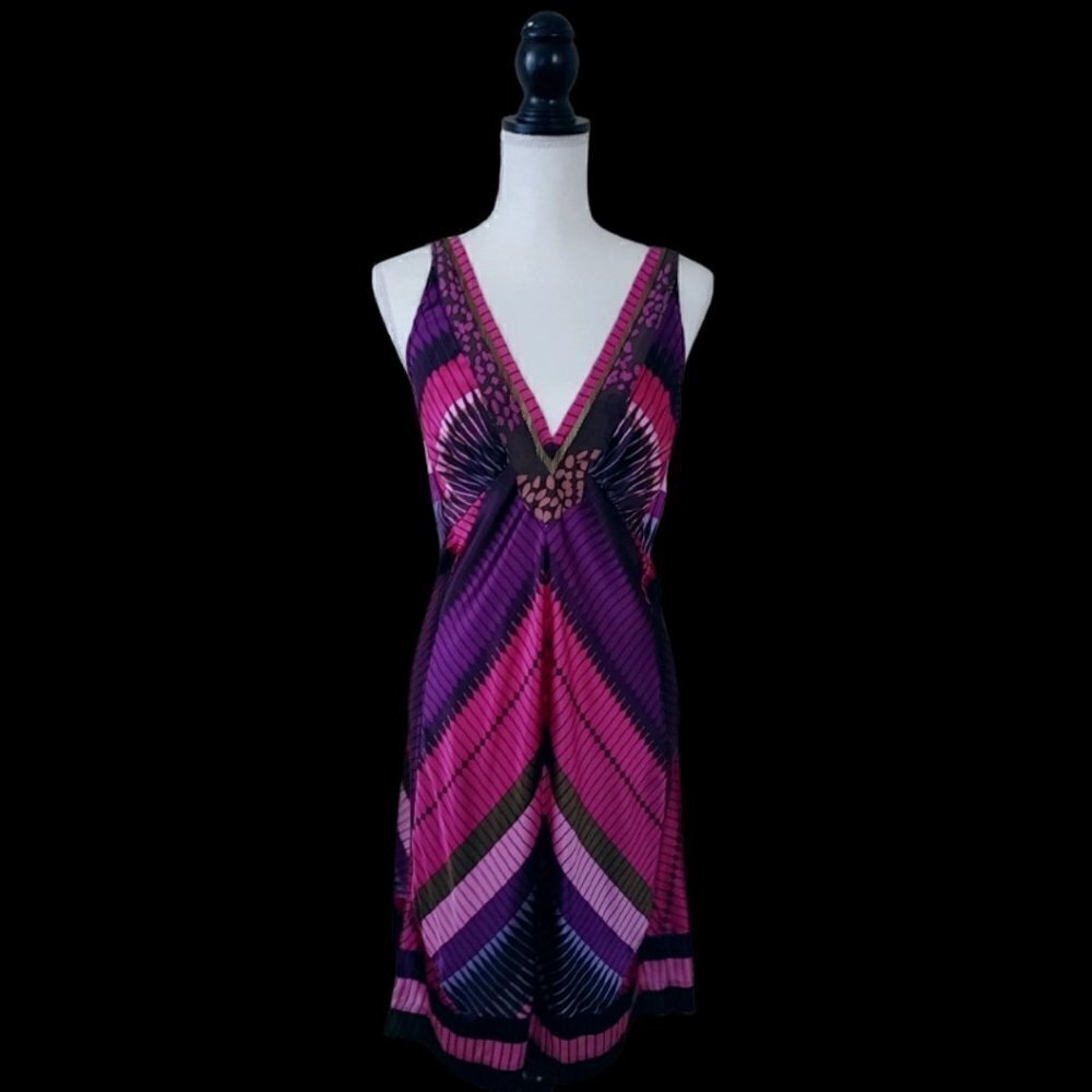 A Common Thread Silk Jeweled V-Neck Purple and Pink Geometric Print Dress Size L